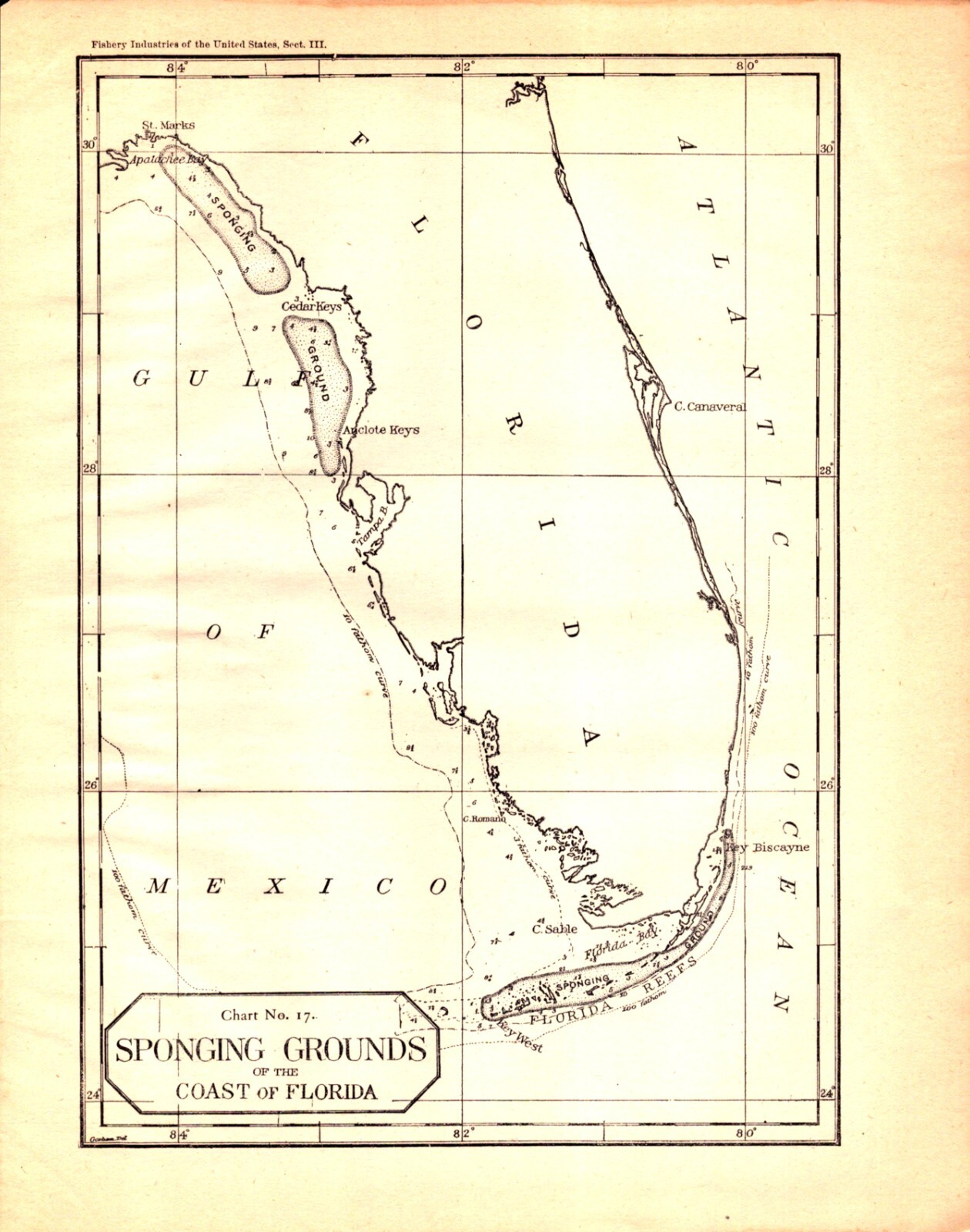 SPONGING GROUNDS, FLORIDA COAST, KEY WEST, TAMPA Antique original map 1887