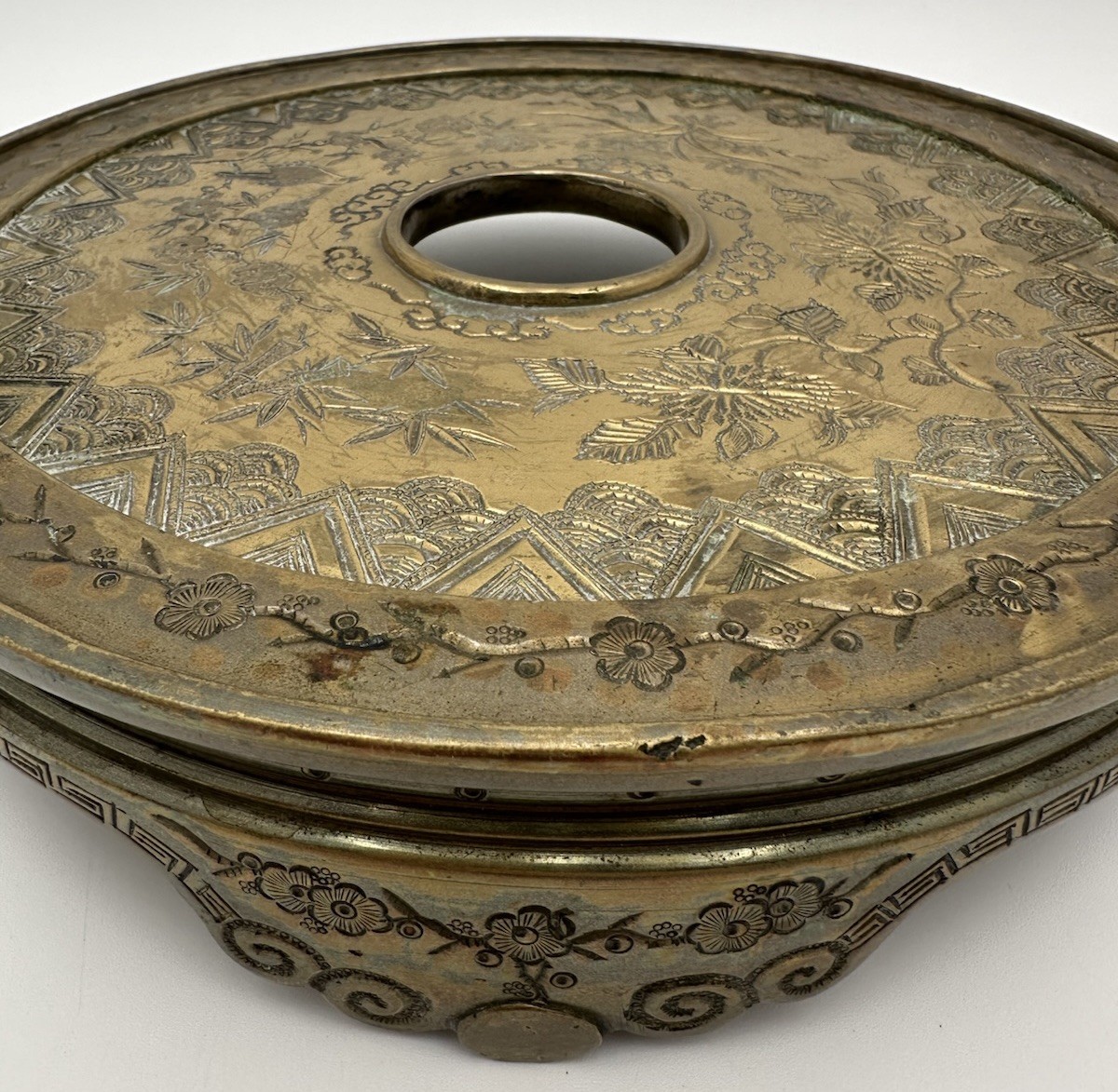 Qing Dynasty Bronze Bombe Censer Tripod Footed Stand Bird & Floral Design