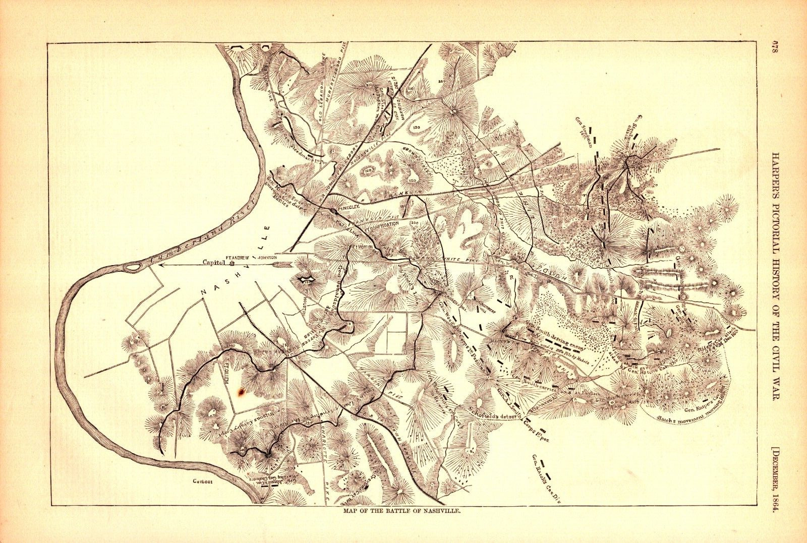 1889 Antique Civil War Map-Battle of Nashville TN-Union Strategy & CSA Positions