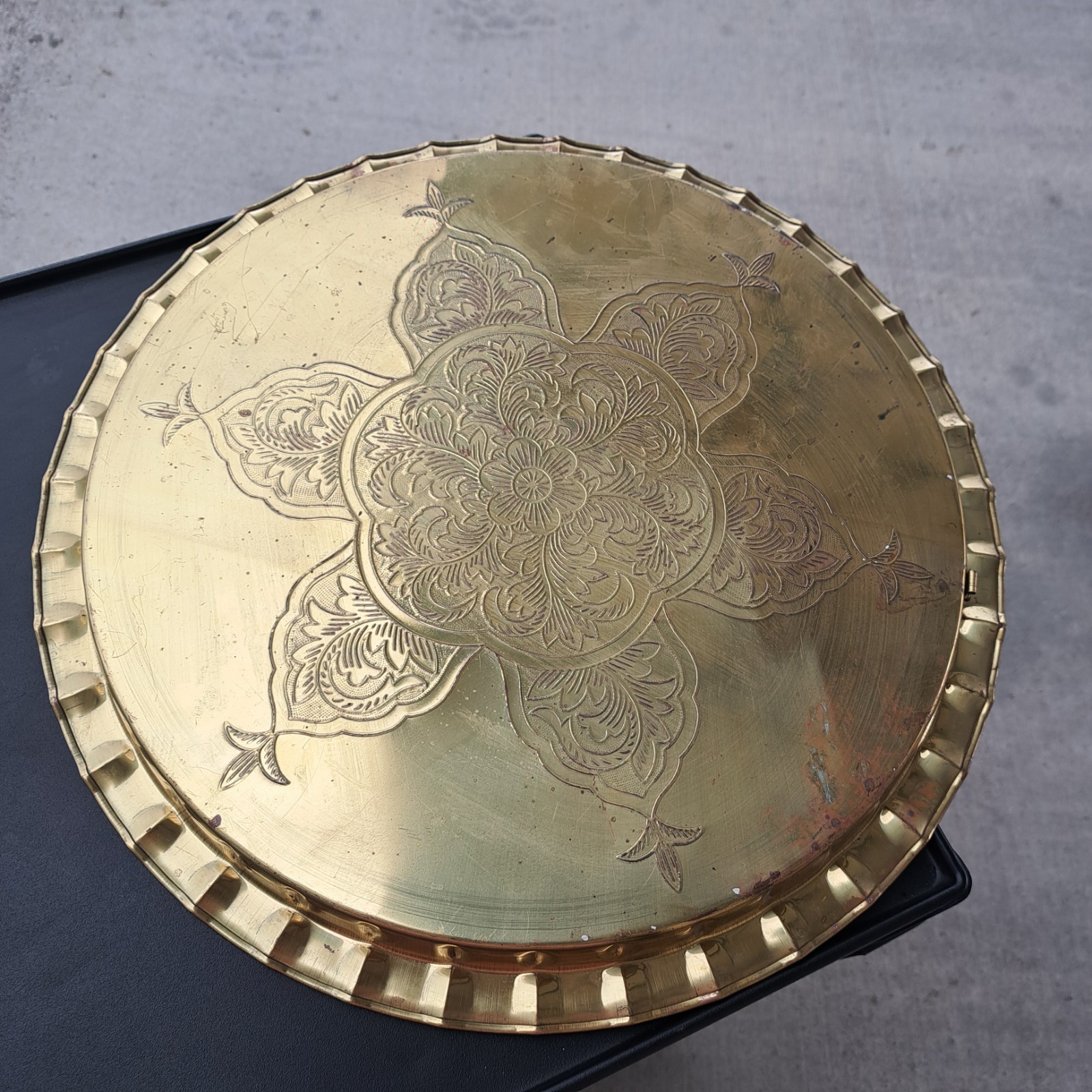 Middle Eastern Brass Copper Tray in Moroccan Moorish Style with Repousse Decor