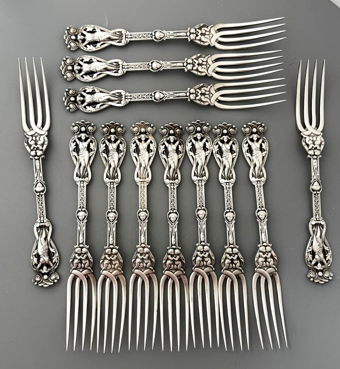 English Set of 12 Sterling Forks RICH FIGURE Goldsmiths Silversmiths 1901