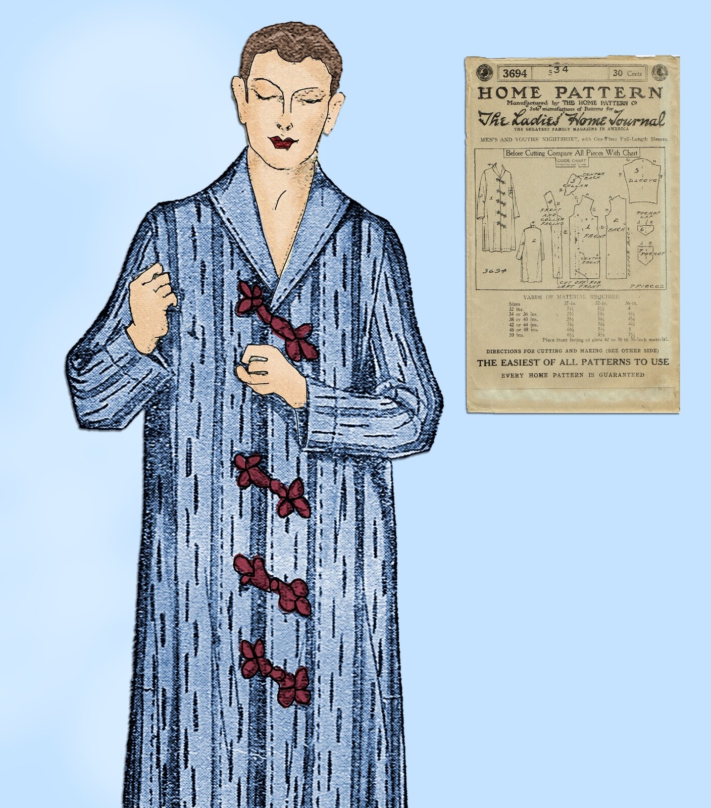 1920s Ladies Home Journal Mens Nightshirt Vintage Sewing Pattern 3694 Sz 34