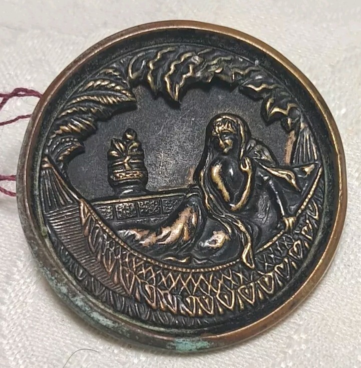 Antique Victorian Brass Picture Button Lady Balcony Vase Flowers 1.25″ Wide