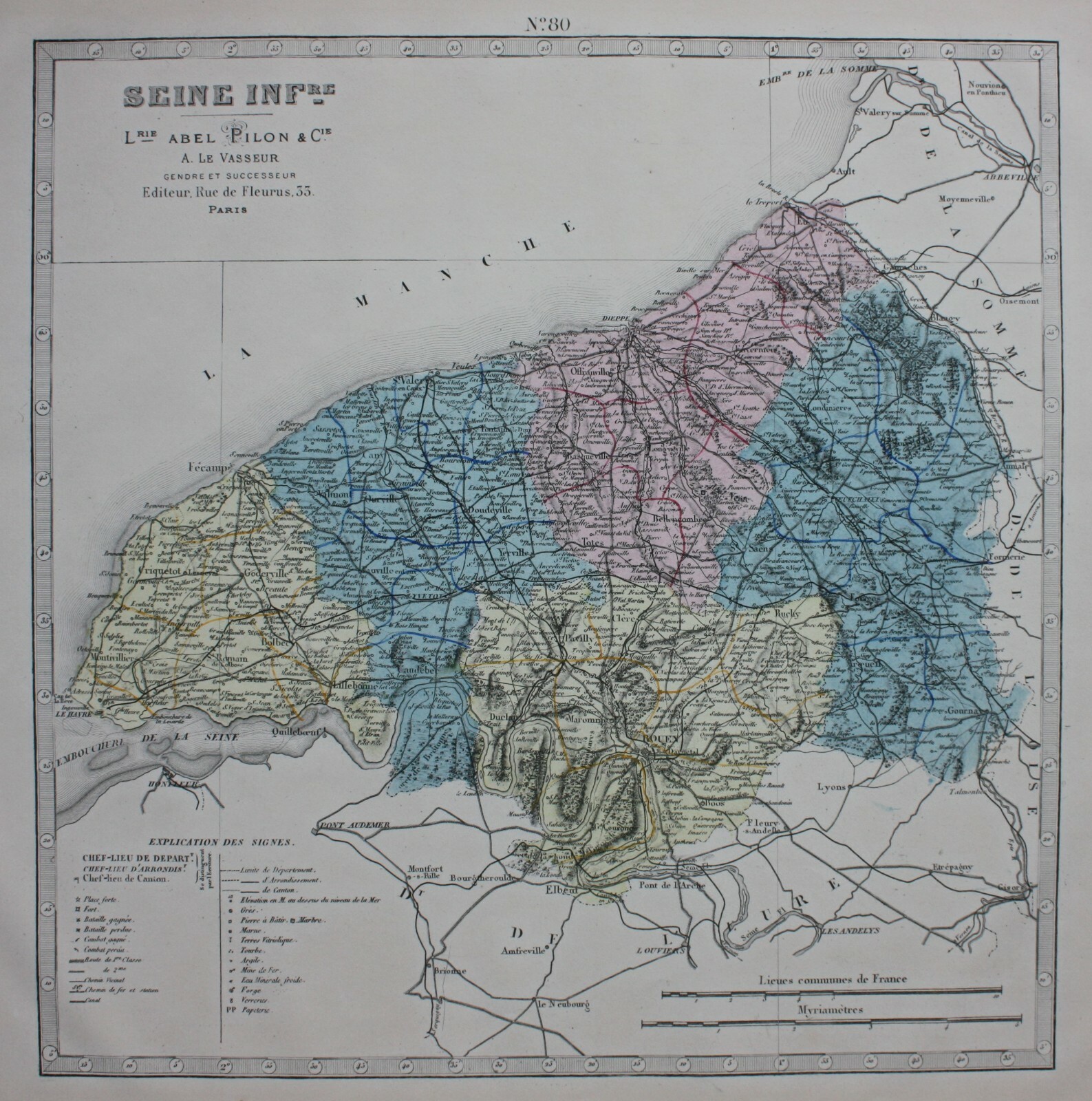SEINE-INFERIEURE, ROUEN, FRANCE, original antique map, Le Vasseur 1877