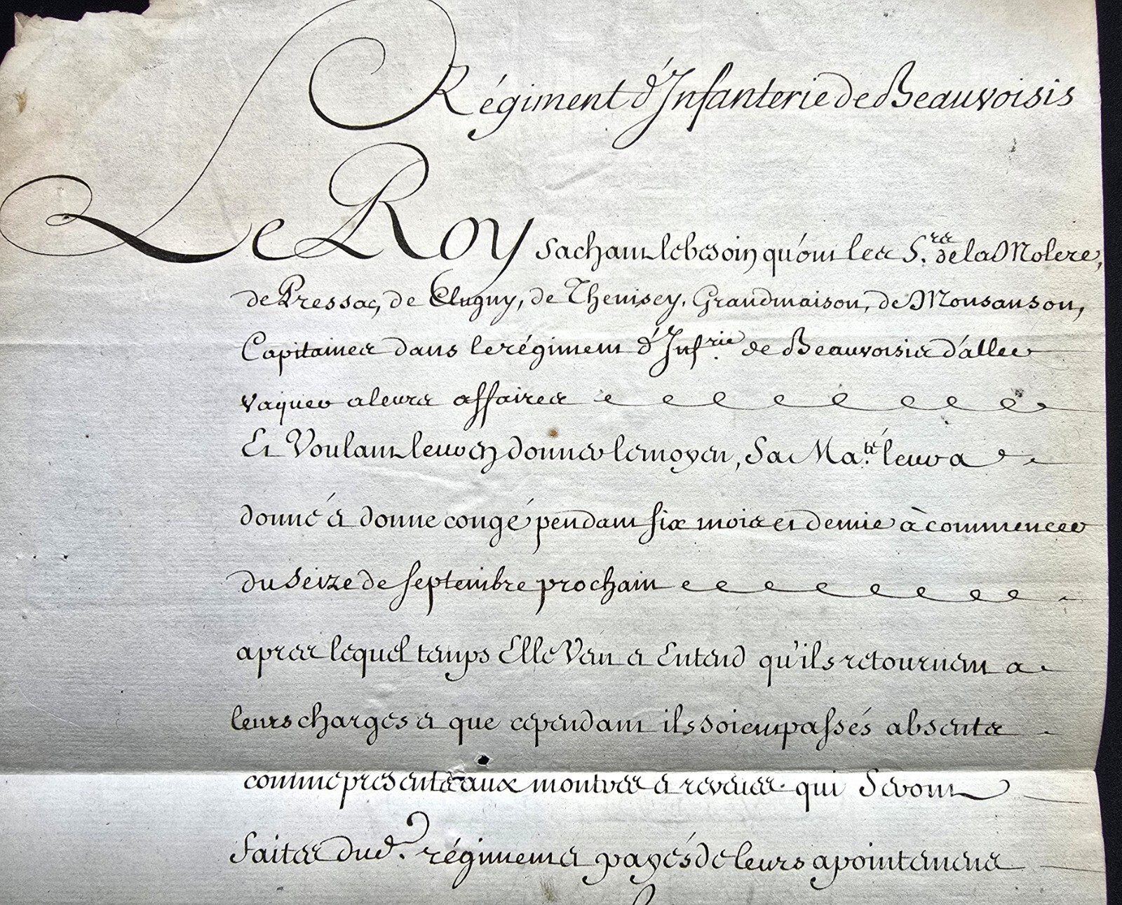 LOUIS XV SIGNED FURLOUGH FOR 6 CAPTAINS IN THE BEAUVAISIS INFANTRY REGIMENT 1756