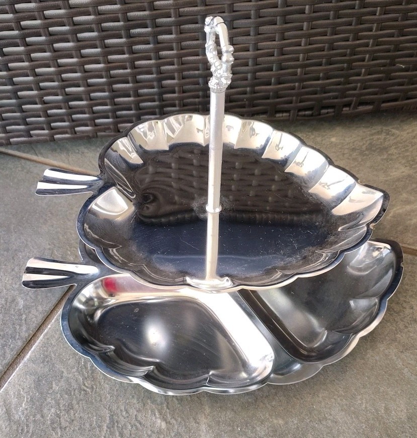 Silver Plated Multi-Tiered Serving Dish Tray 10.5″ X 13.5″ Leaf Design Vintage