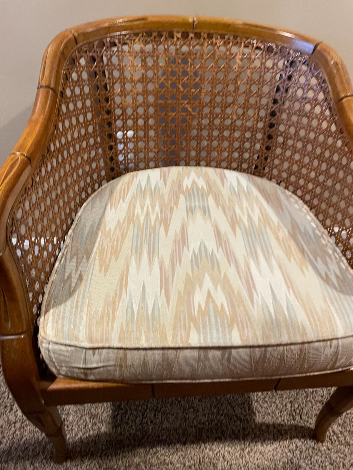 Vintage Cane Barrel Back Chair Bamboo Look Mahogany Wood Regency Style