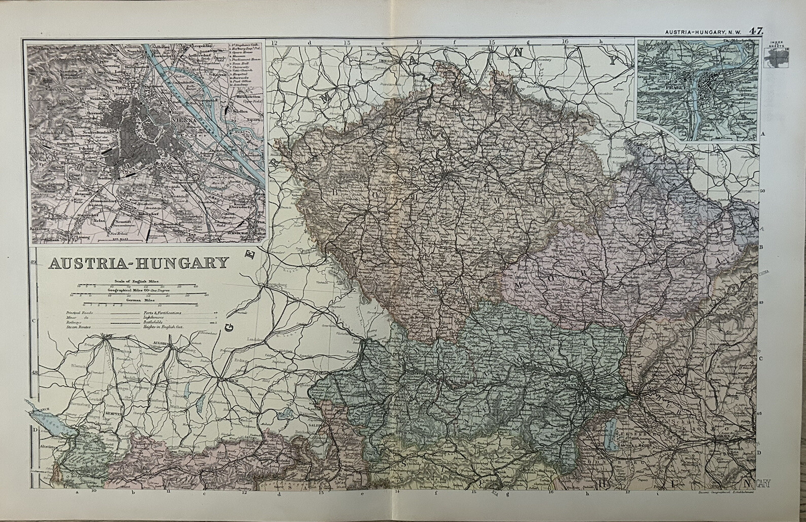 1893 Bohemia Moravia Austria + insets of Prague Vienna Antique Map by G.W. Bacon