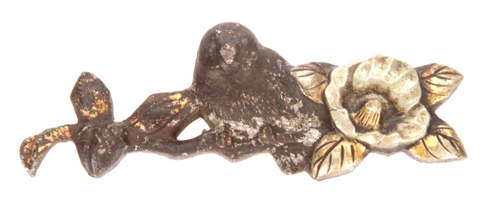 Antique Japanese Iron Kanamono Tobacco Pouch Clasp Bird Flowers Menuki Japan Old