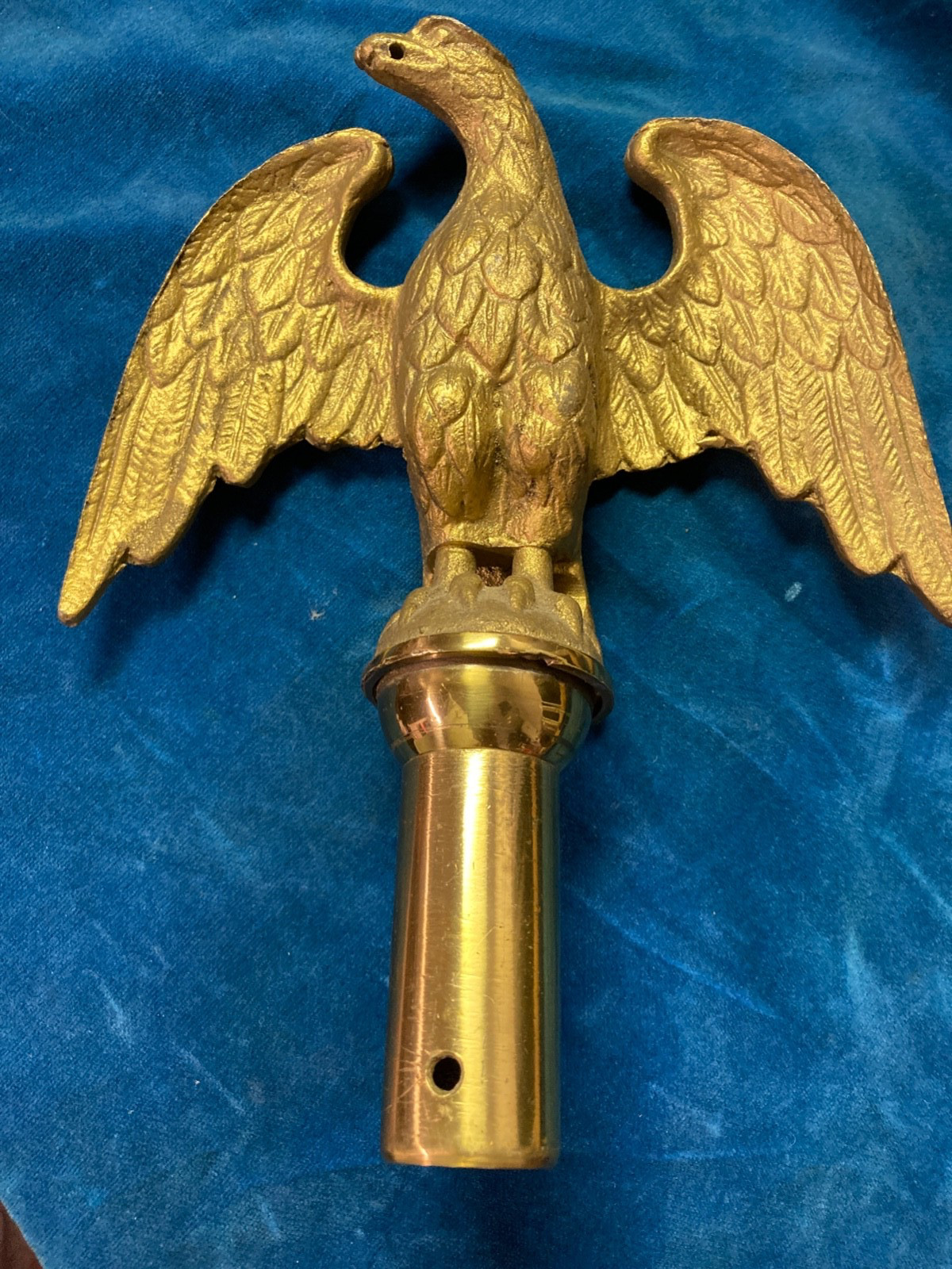 Vintage Antique Solid Brass Eagle Flag Pole Finial Topper w/base & 7” Wing Span