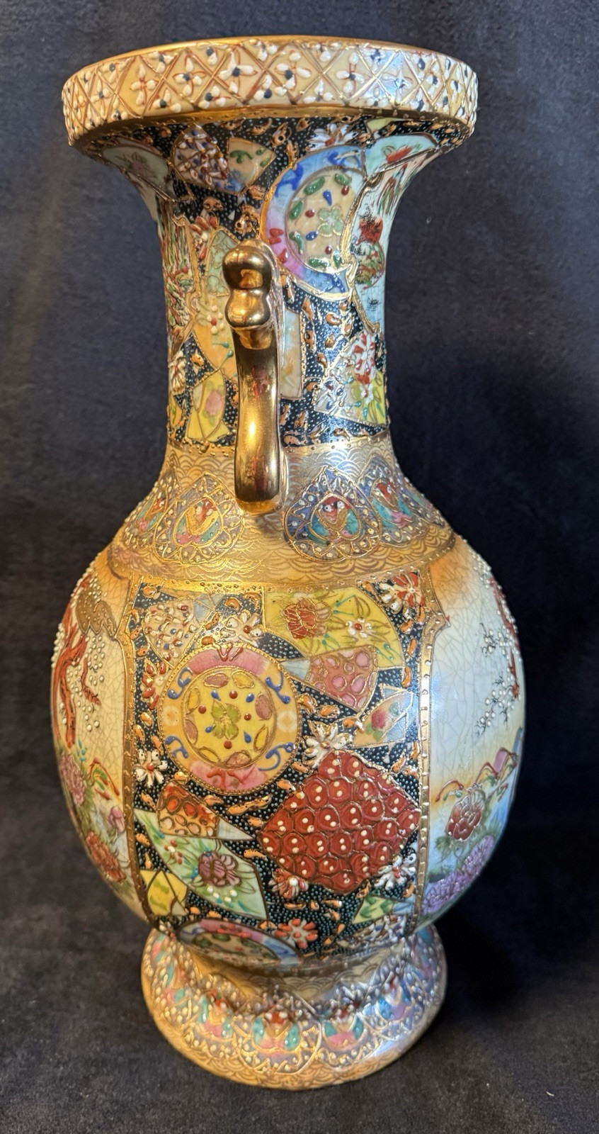 Vintage Royal Satsuma Handpainted Ceramic Vase—14 3/16” tall X 7 3/4” center