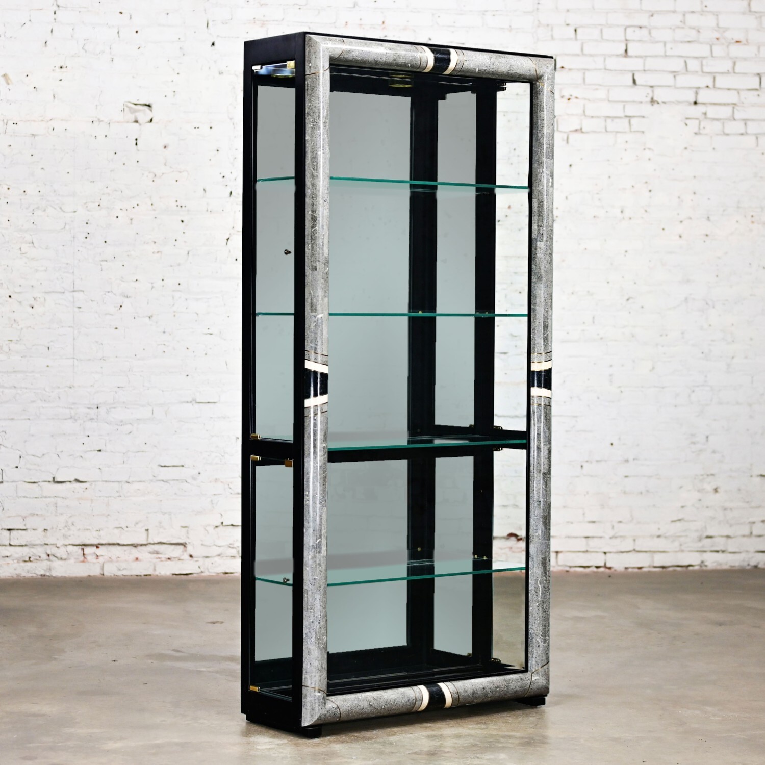 Vintage Postmodern Marble & Glass Lighted Display Cabinet by Pulaski Furniture
