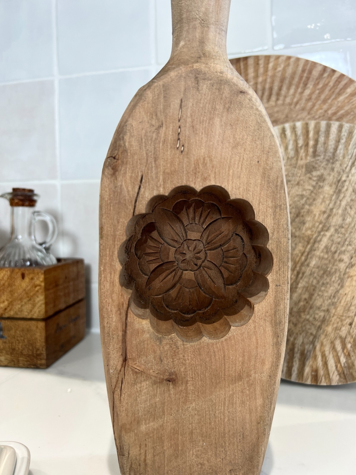 Vintage Wooden Butter Mould Carved Floral Paddle Rustic Kitchen Decor 33cm