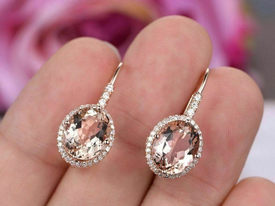 4Ct Morganite Lab-Created Diamond Drop/Dangle Earrings Solid 14K Rose Gold Over