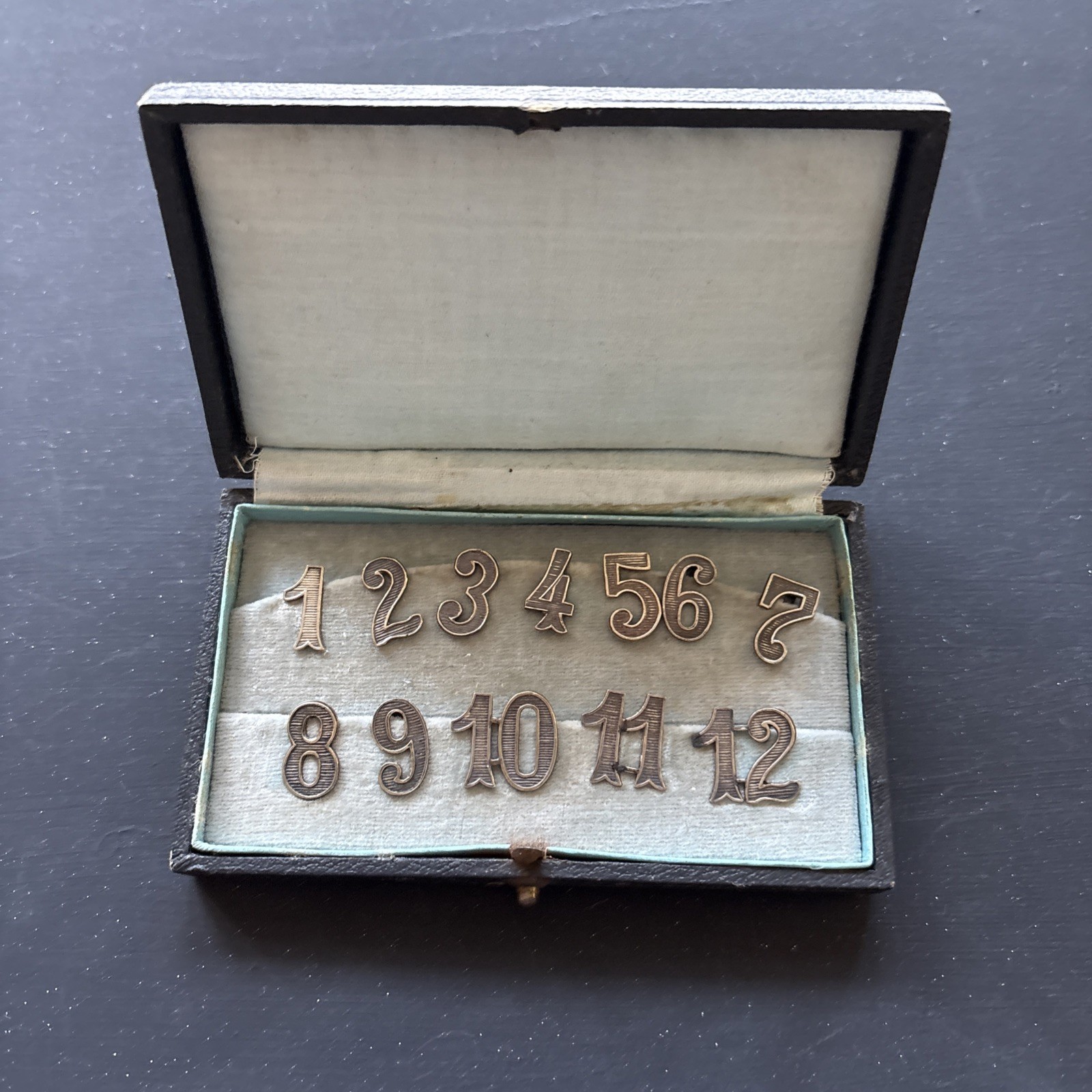 Antique ART DECO SILVER PLATE PLACE NUMBERS 1-12 DRINK MARKERS BOXED ALPACA