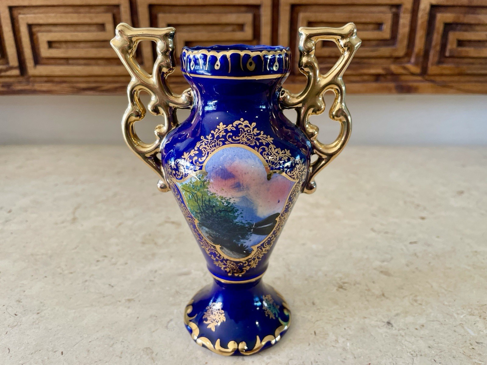 Elpa Alcobaca Portugal Cobalt Blue and Gold Hand Painted Vase. 6″ Inches Tall
