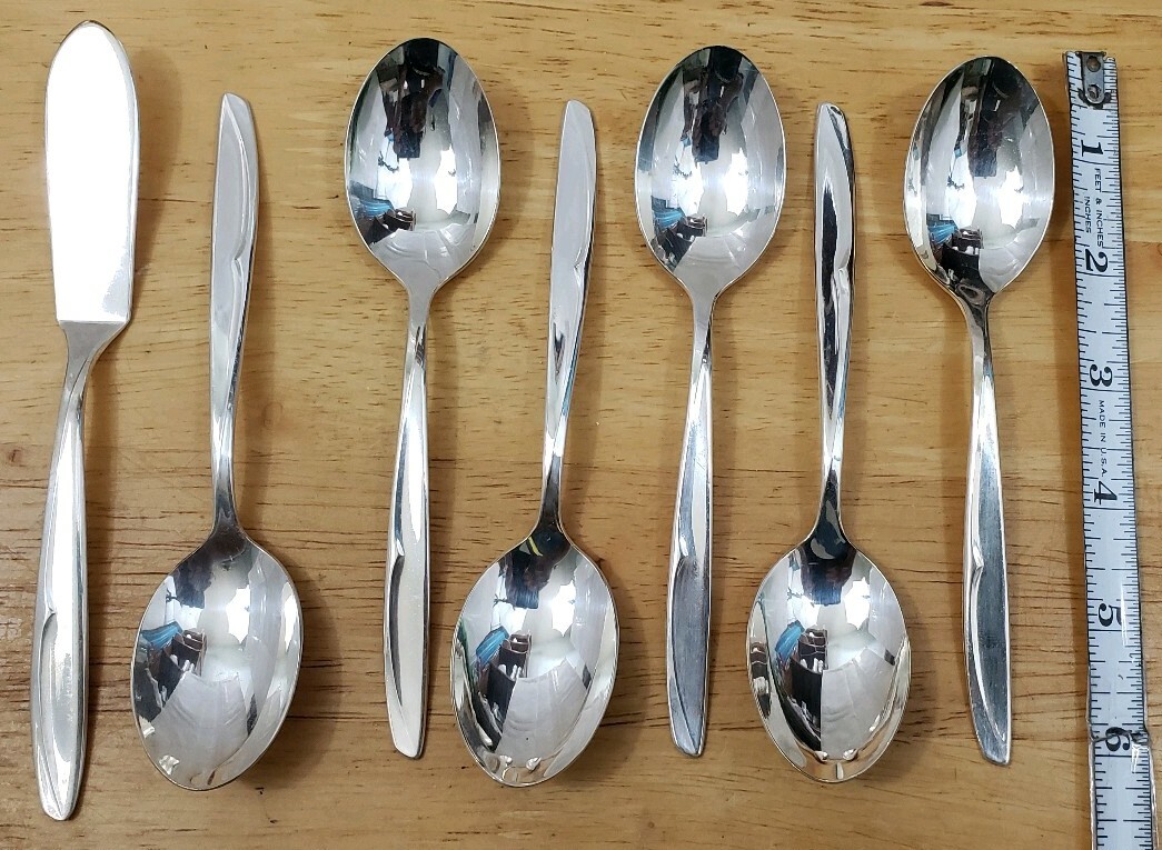 LOT OF 6 MID CENTURY VTG 1957 CONCEPT SILVERPLATE TEASPOONS &MASTER BUTTER KNIFE