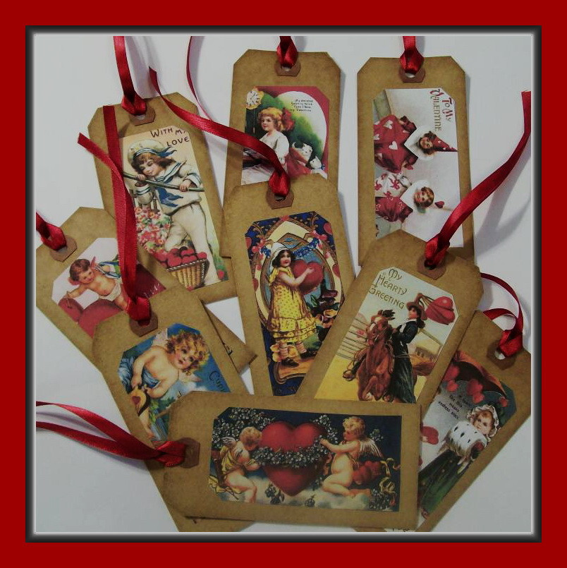 VICTORIAN STYLE VALENTINE HANG TAGS WITH RIBBON – PRIMITIVE STYLE – SET OF NINE