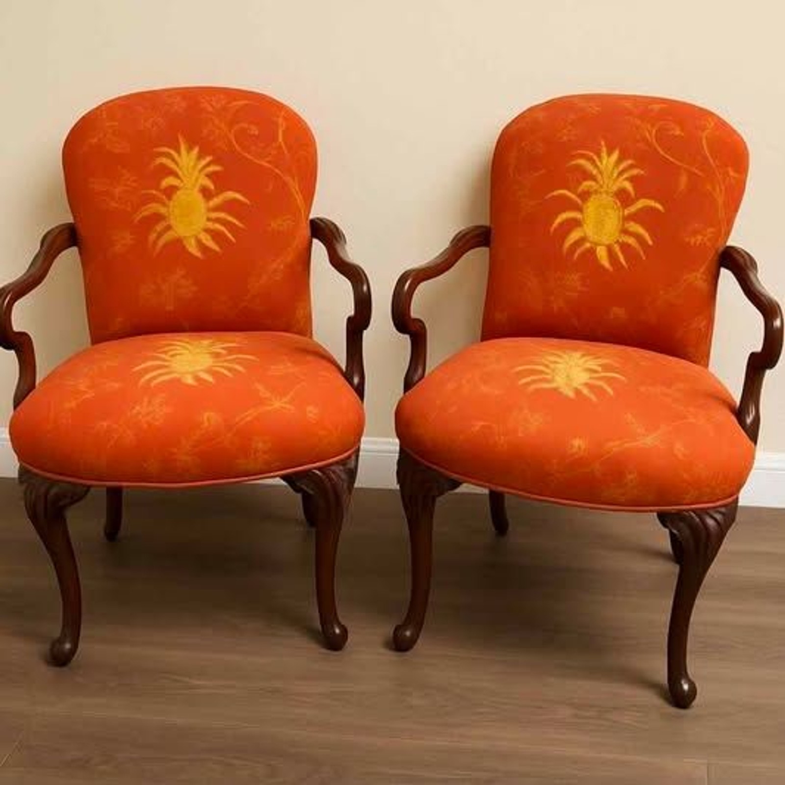 1950s Georgian Style Mahogany Armchair Pineapple Motif Upholstery Set of 2