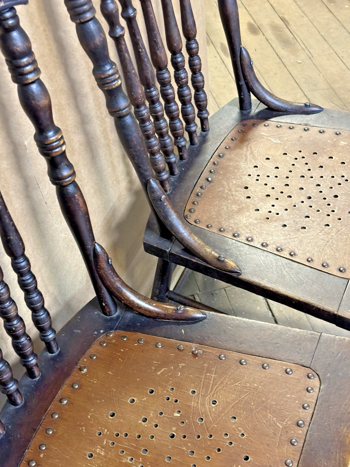 2 Matching Antique Pressed Back Solid Oak Dining Side Chairs