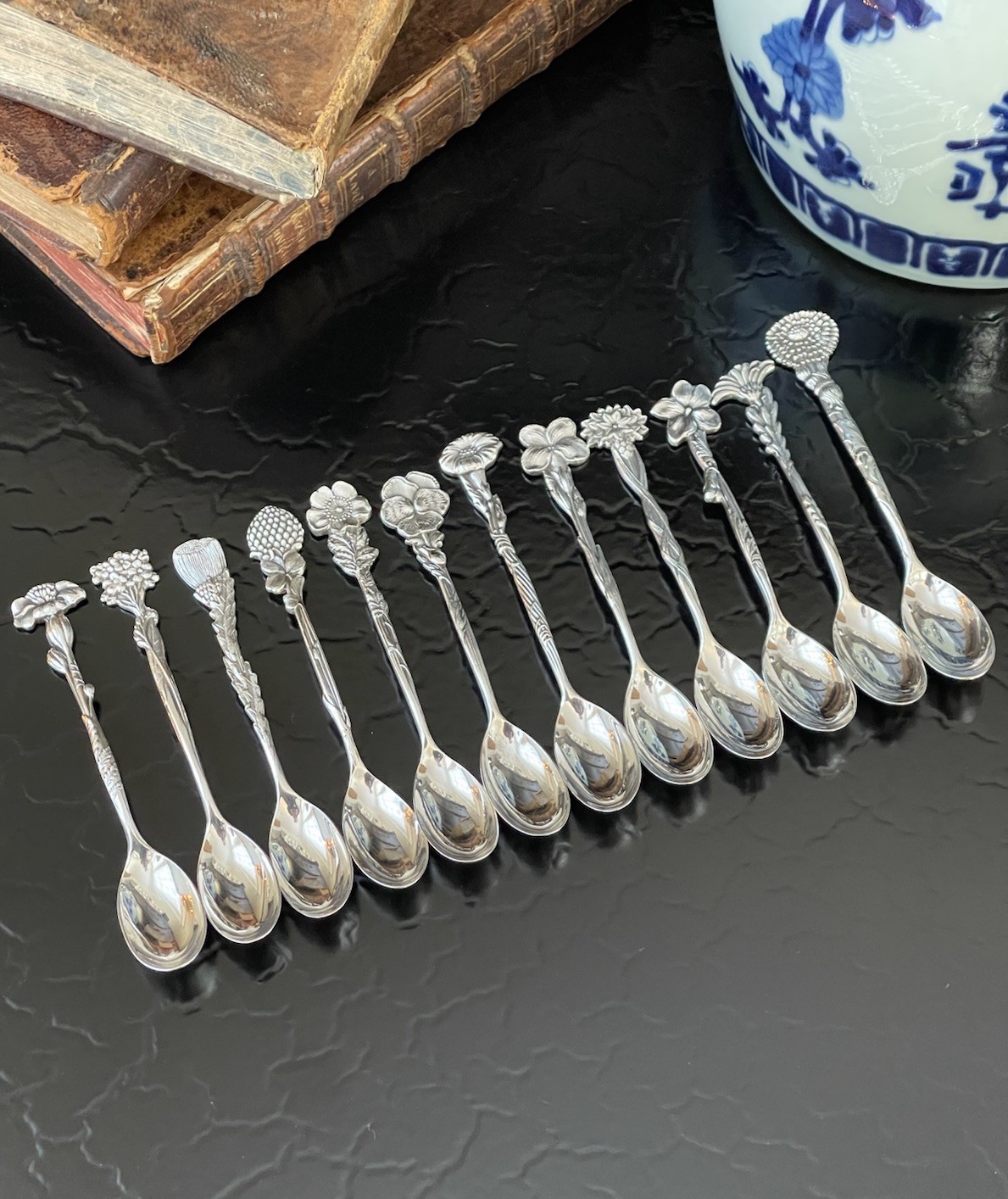 Rare Set 12 Tiffany & Co Sterling Silver Floral Demitasse Spoons American c1895
