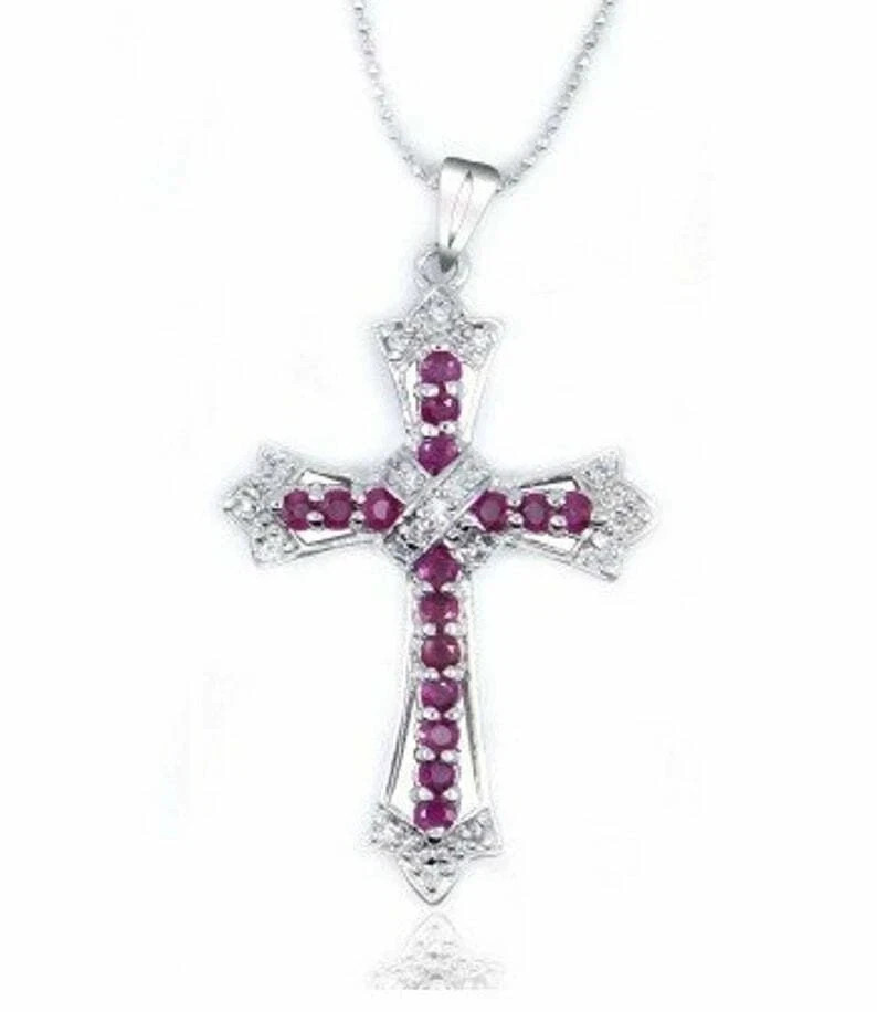 2.30 Ct Round Cut Lab-Created Ruby & Diamond Cross Pendant 14K White Gold Finish