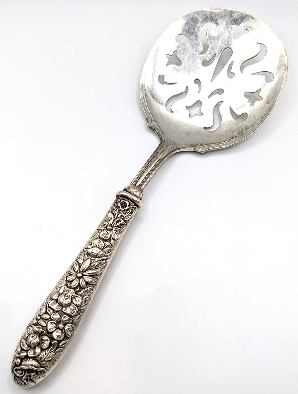 Antique Sterling Silver Floral Handle Pierced Tomato Server Spoon