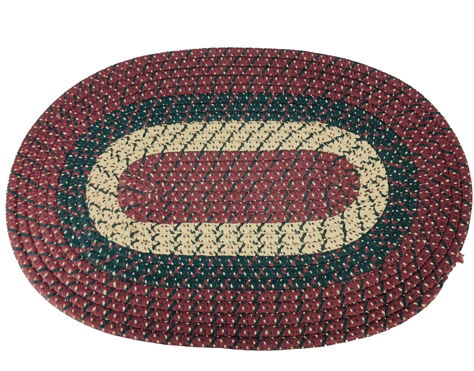 Country Prim Braided Oval Rug Americana Colonial Green Red Tan 30″ Folk Art