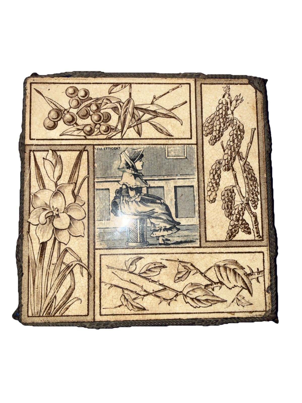 Victorian Aesthetic Movement Transferware Tile ~ Four Season Design Antique