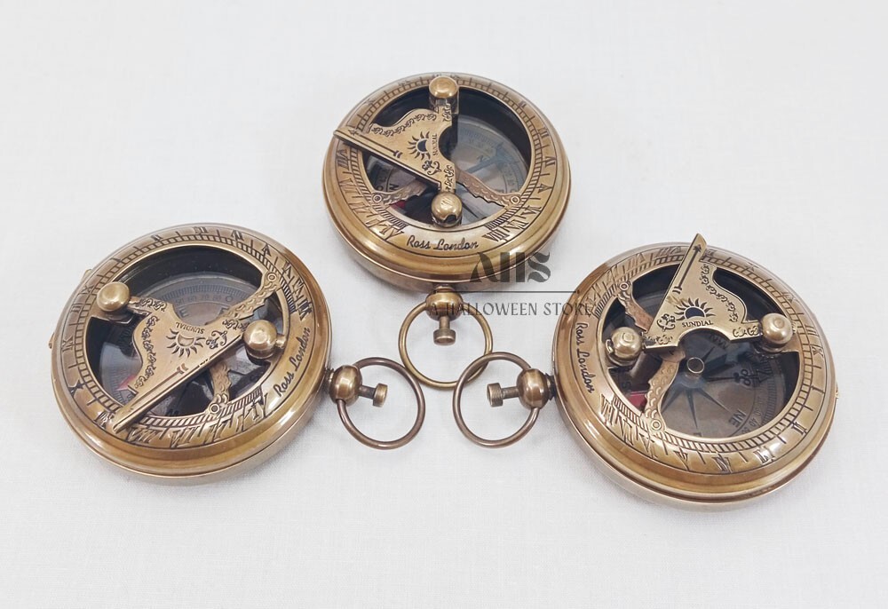 Lot 3 pc Collectible Antique Maritime Brass Push Button Sundial Pocket Compass