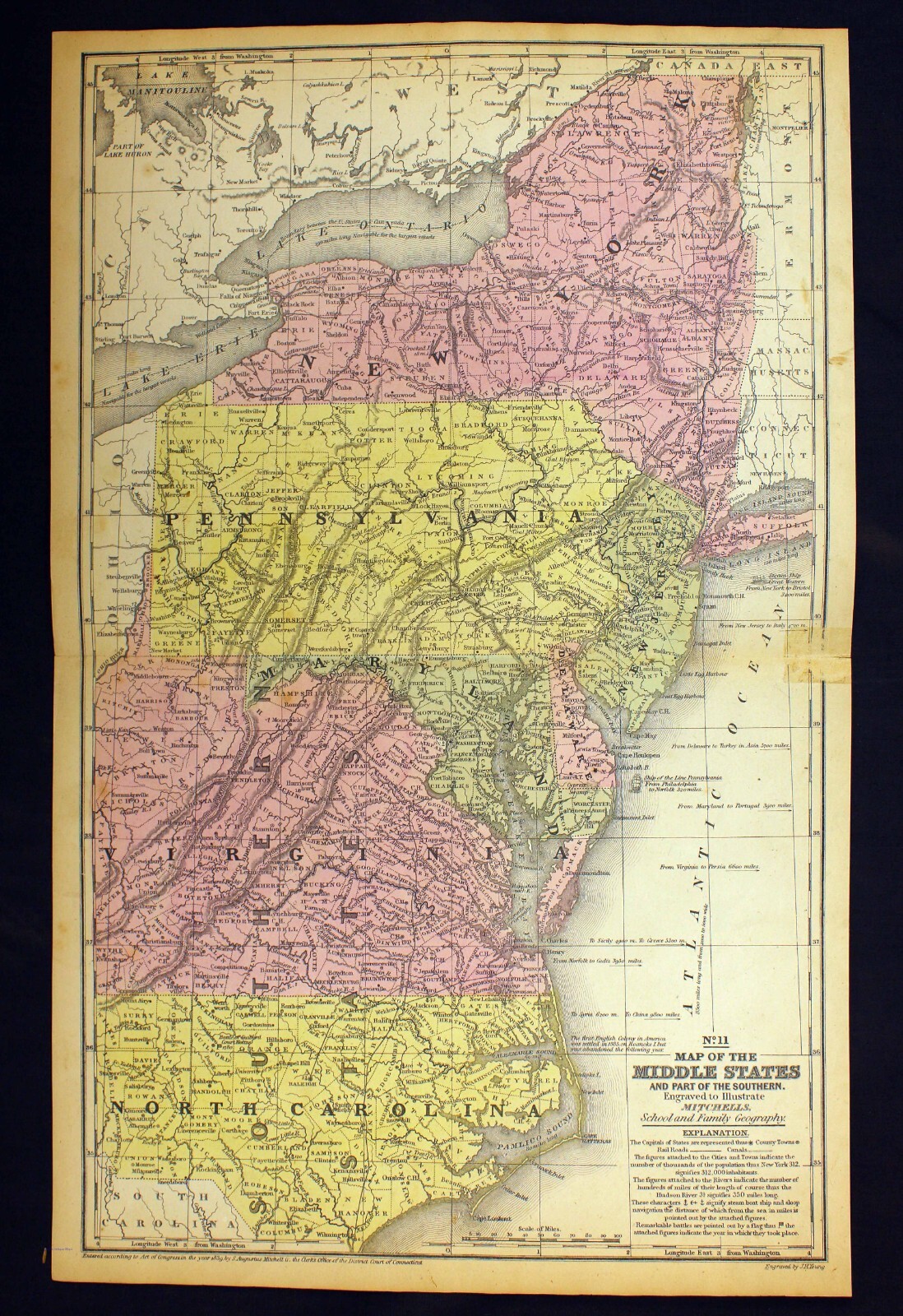 1839 Map of the Middle & Southern States Color Engraving Mitchell’s New York