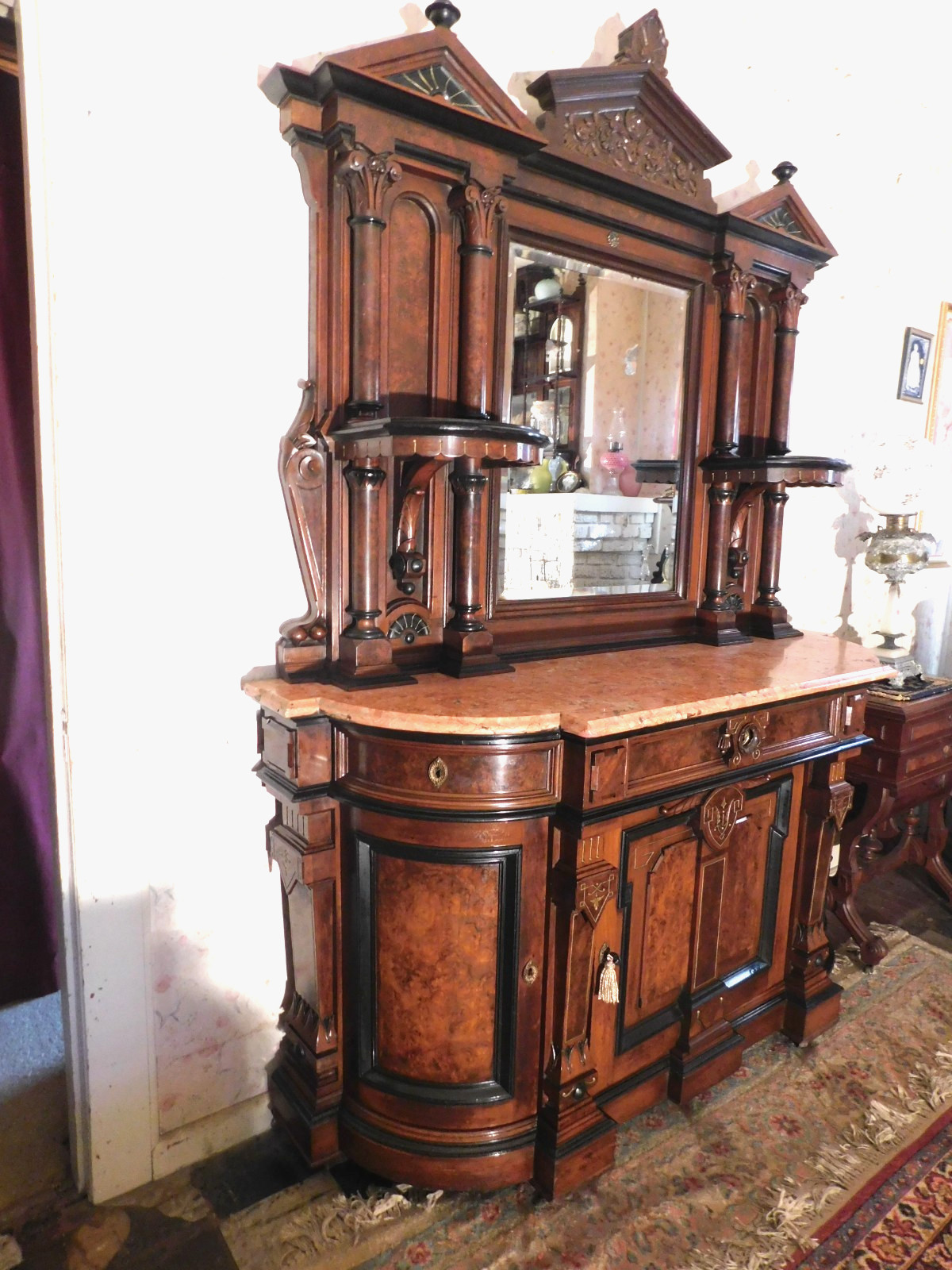 Phenomenal Marble Top Walnut Buffet Sideboard w/Ebony and Gold c1860