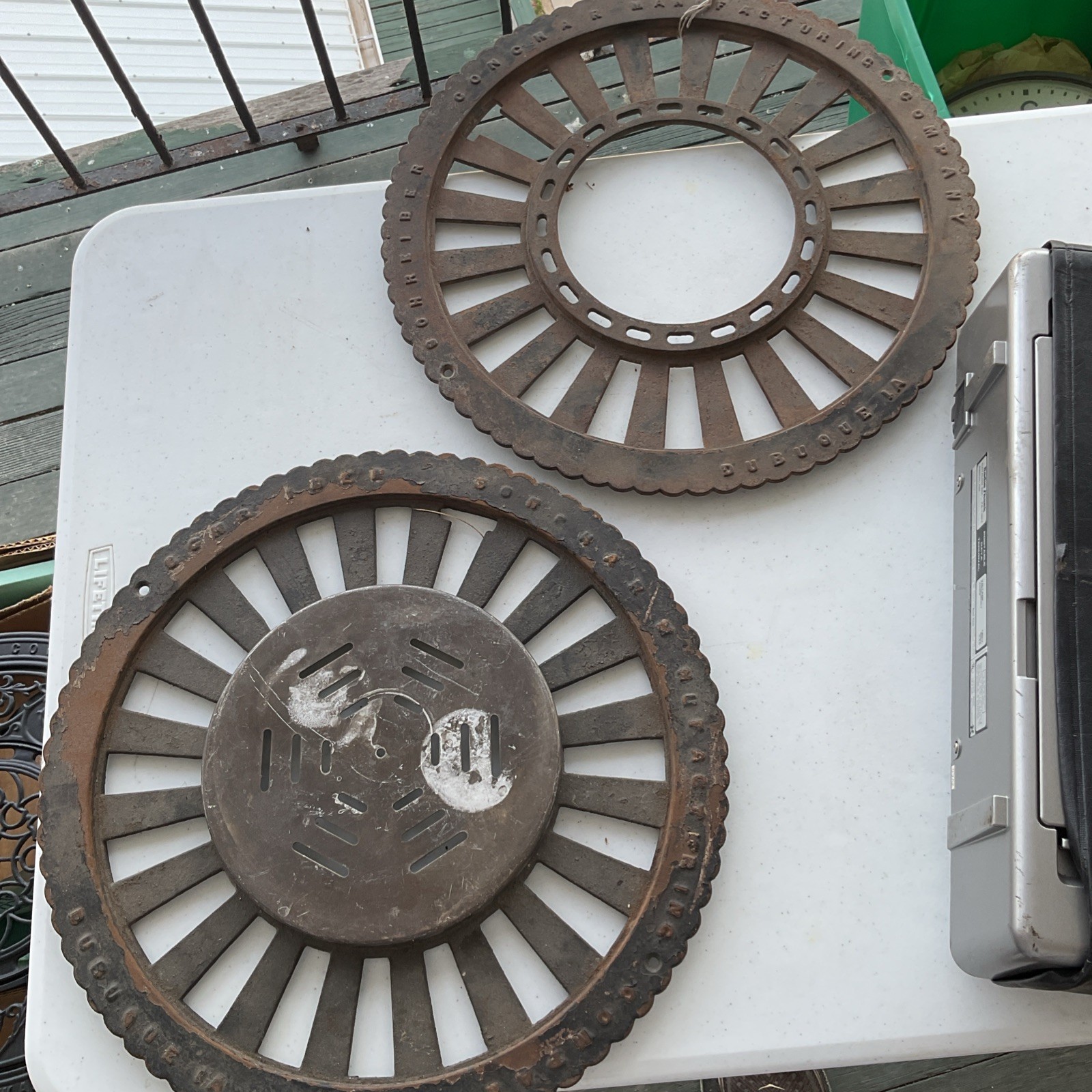 Antique Pair Lot Conchar Cast Iron Stove Pipe Floor Register Grate Dubuque, Iowa