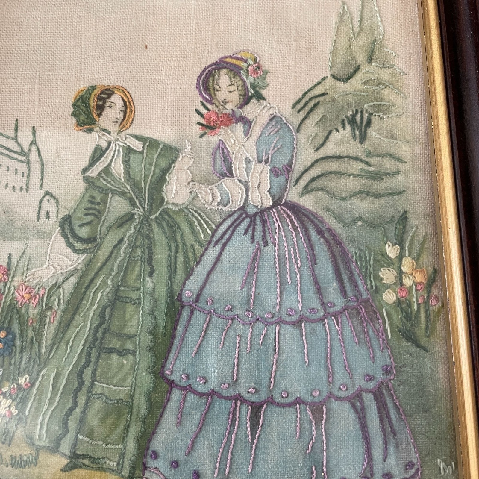 Antique 19th C. Godey’s Lady’s Book Set Two Embroidered Hand Tinted Framed Art
