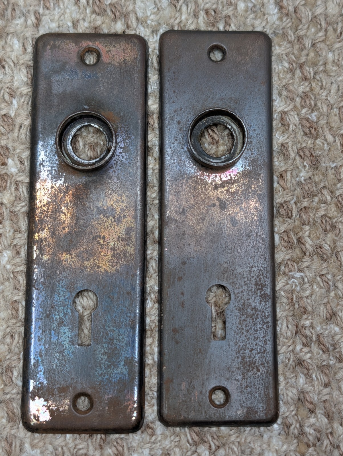 Pair 1 5/8″ x 5 1/2″ Antique Stamped Steel Door Knob Plates