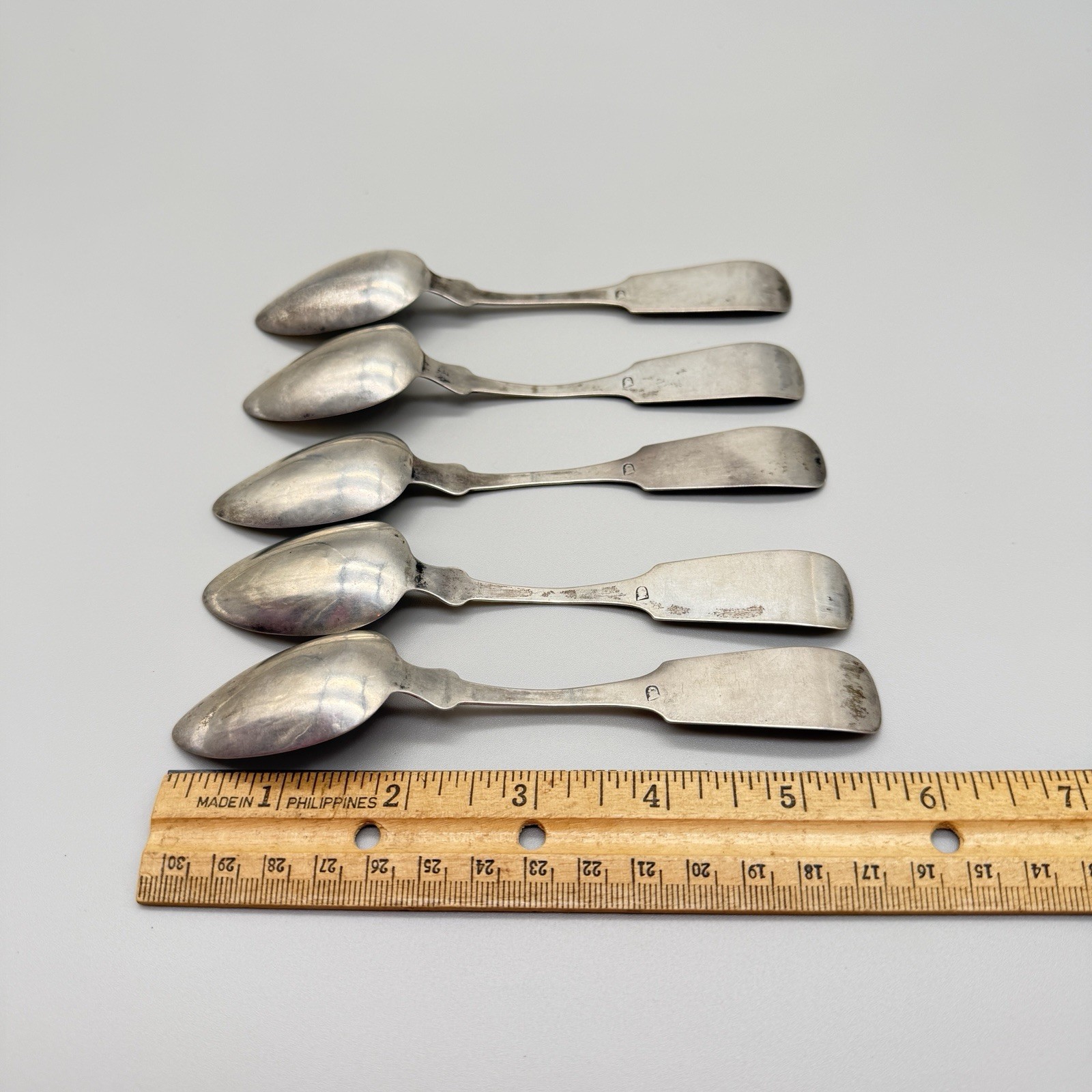 Five Antique American Coin Silver Spoons Fiddle Pattern Feathered Profile Mark