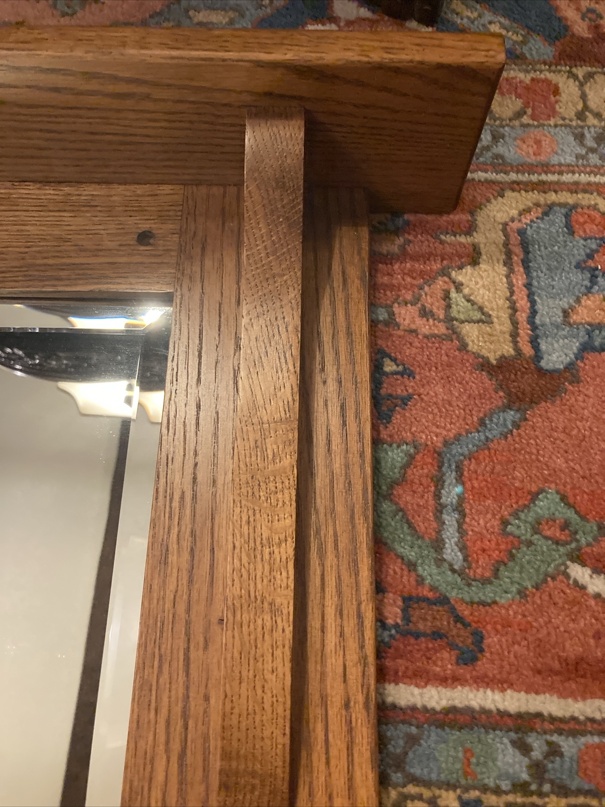 Heavy Solid Oak Mission Style Bevel Glass Mirror With Iron Hooks Coat Hooks