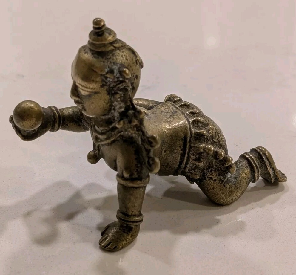 ANTIQUE BRASS PILGRIMAGE FIGURE INFANT KRISHNA ALTAR INDIA HINDUISM 19th C RARE
