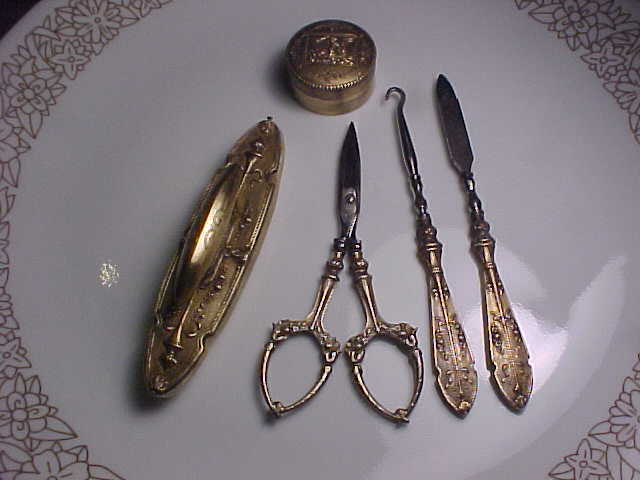 vintage french gilt sterling silver and steel five piece dresser – travel set