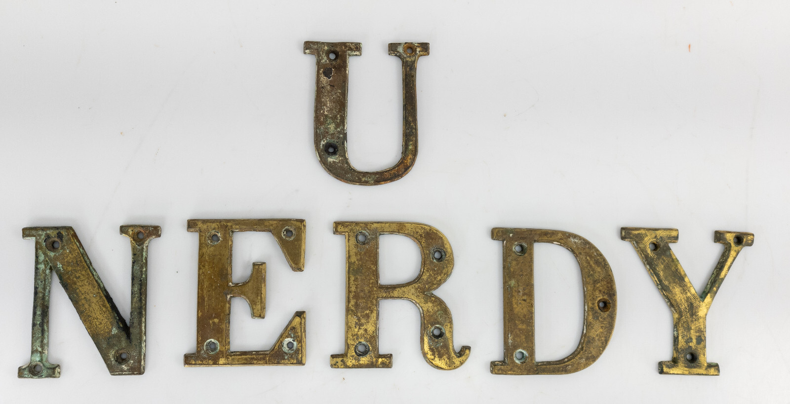 Antique Group of 6 Tarnished Brass Letters Nerd Nerdy Nude Run Decor