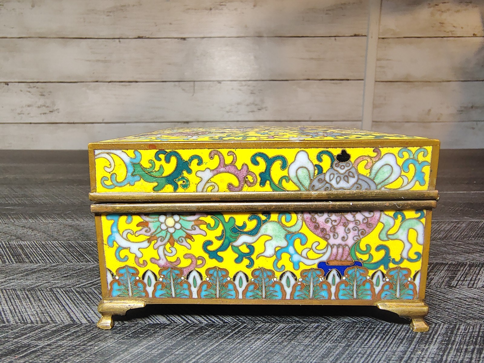 Antique Chinese Republic Yellow Canton Enamel Hinged Brass Trinket Jewelry Box