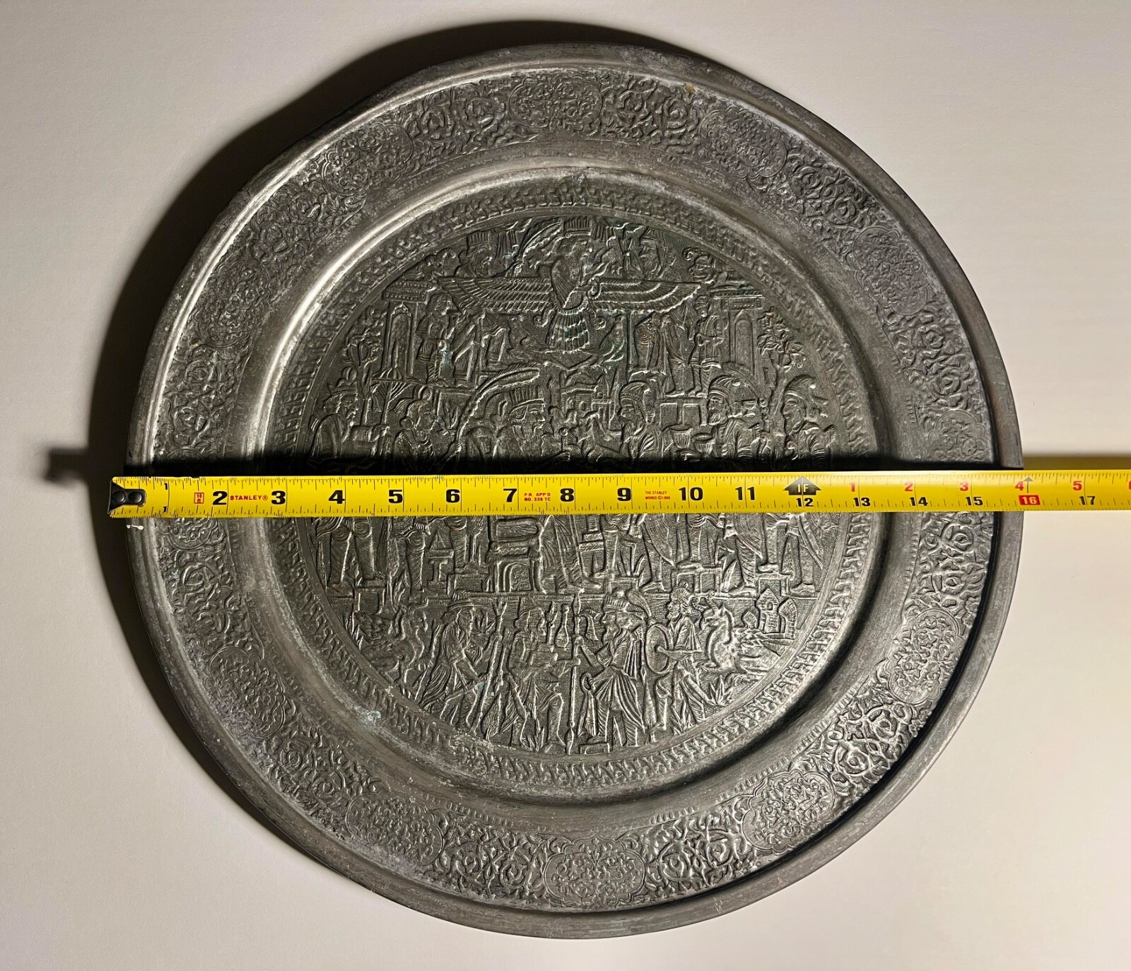 Late 19th Century Antique Middle Eastern Hand Engraved Copper Tray 16″ Diameter