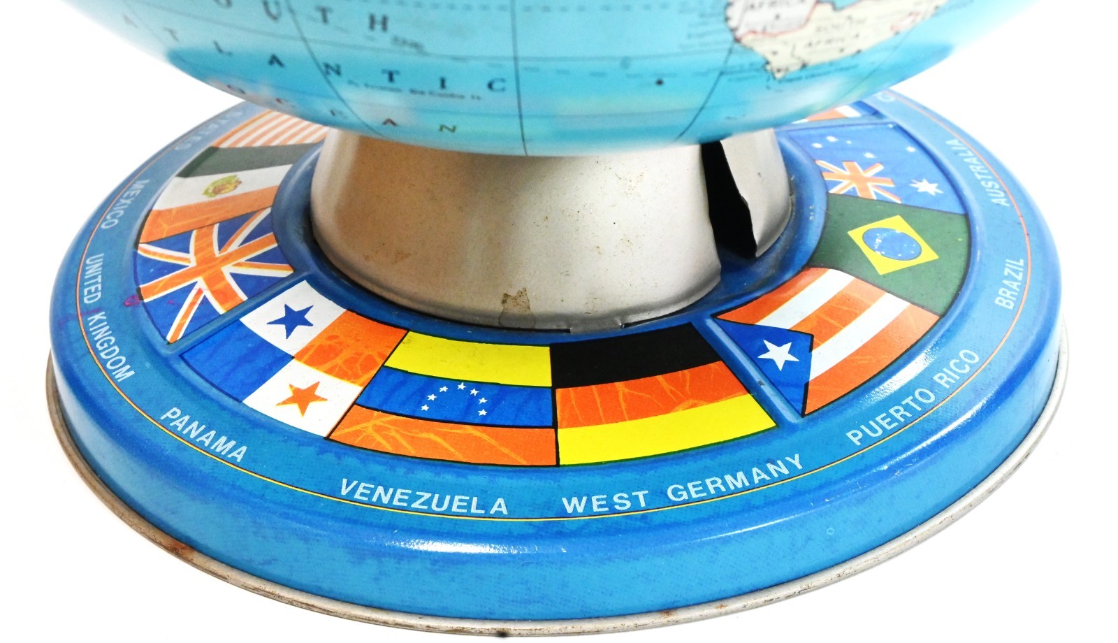 Ohio Art 9″ World Globe 1978 Tin Litho Flags Base West Germany Vintage