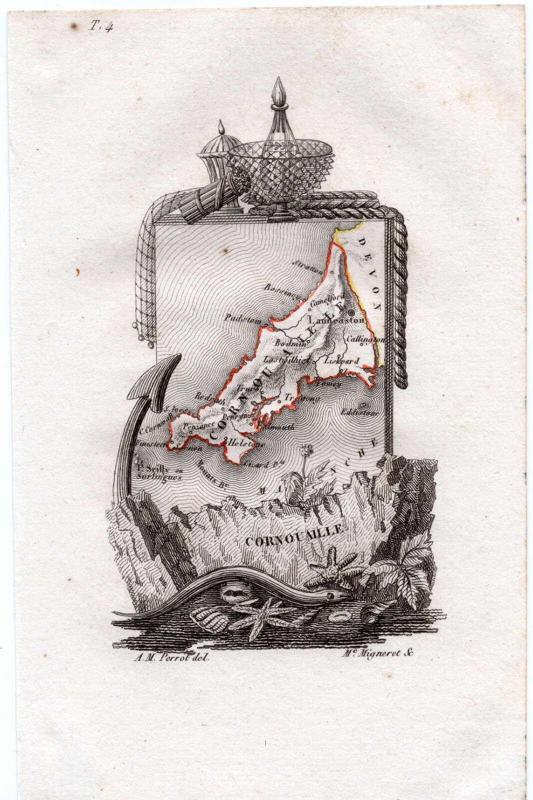 1823 A. M. Perrot Antique Map, Cornwall, England