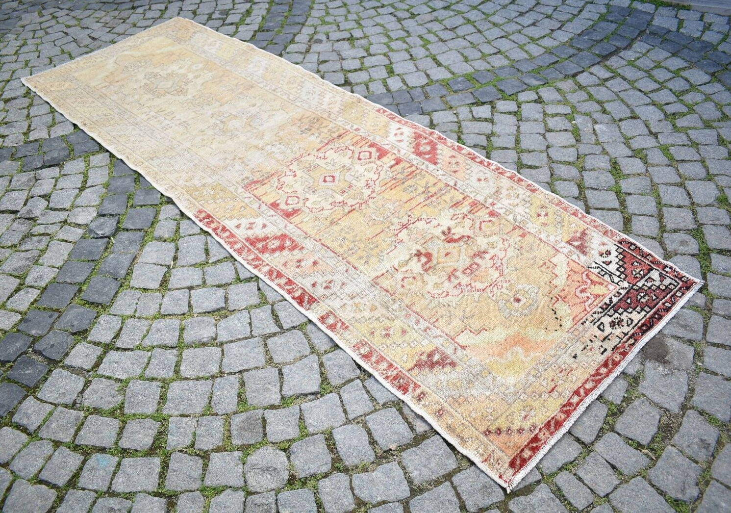 Vintage Turkish Rug 38” x 119” Muted Dye Hand-knotted Oushak Runner Wool Rug