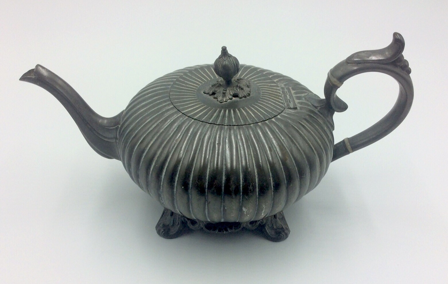 ANTIQUE PHILIP ASHBERRY AND SONS BRITANNIA METAL PUMPKIN SHAPED TEAPOT