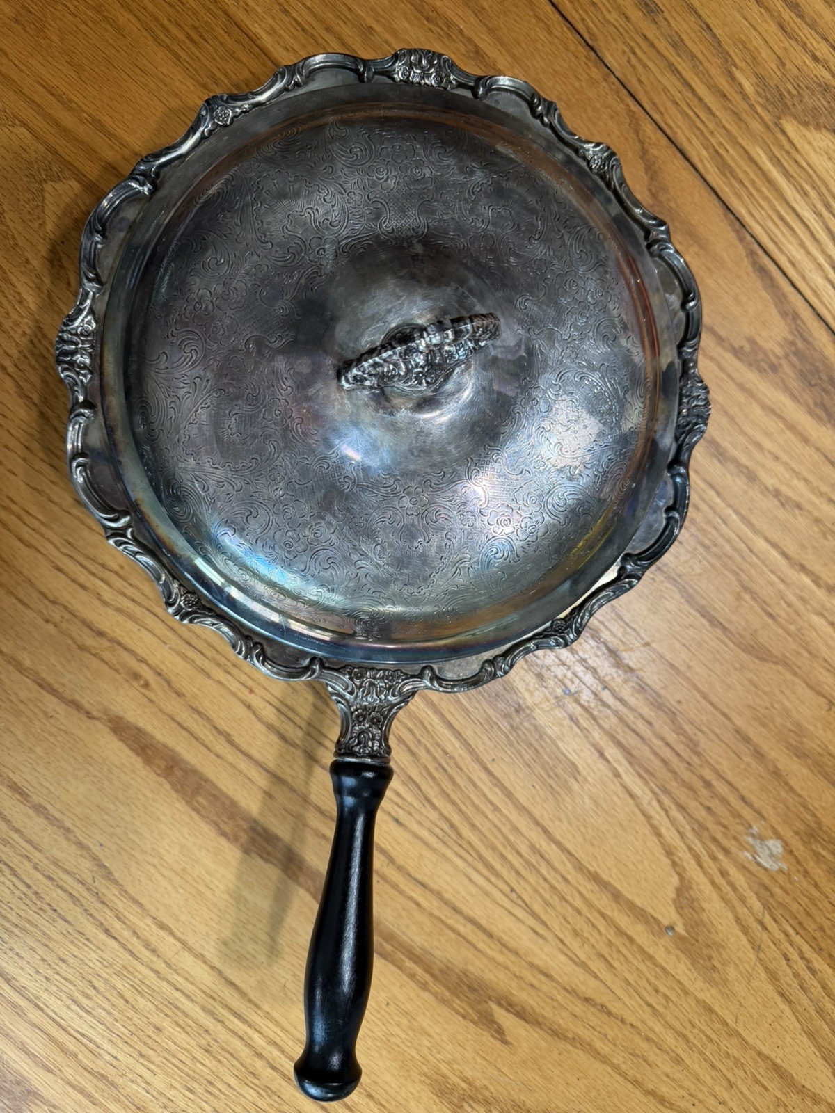 Antique Silver Plated Chaffing Pan Dish with Wood Handle Lid and Glass Insert