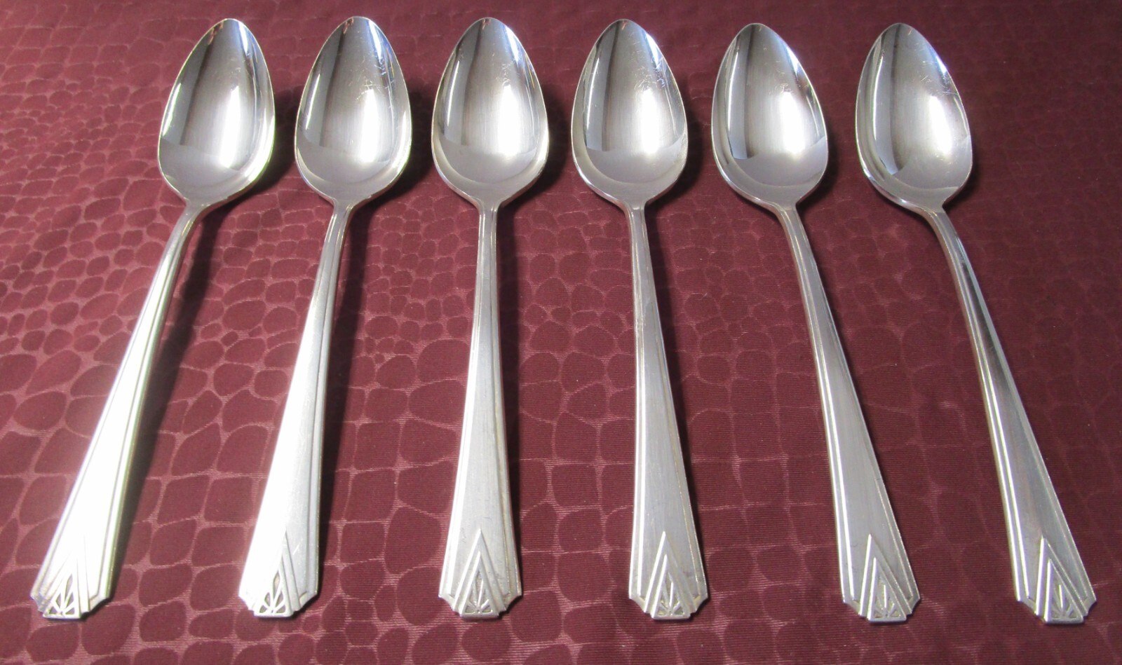 DEAUVILLE 6 Dessert or Oval Soup Spoons 1929 Art Deco Silverplate No Monogram G