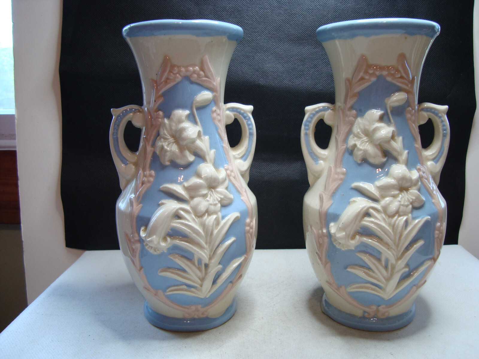 Pair White and Blue Vase with raised White Flowers 7 1/2 in.