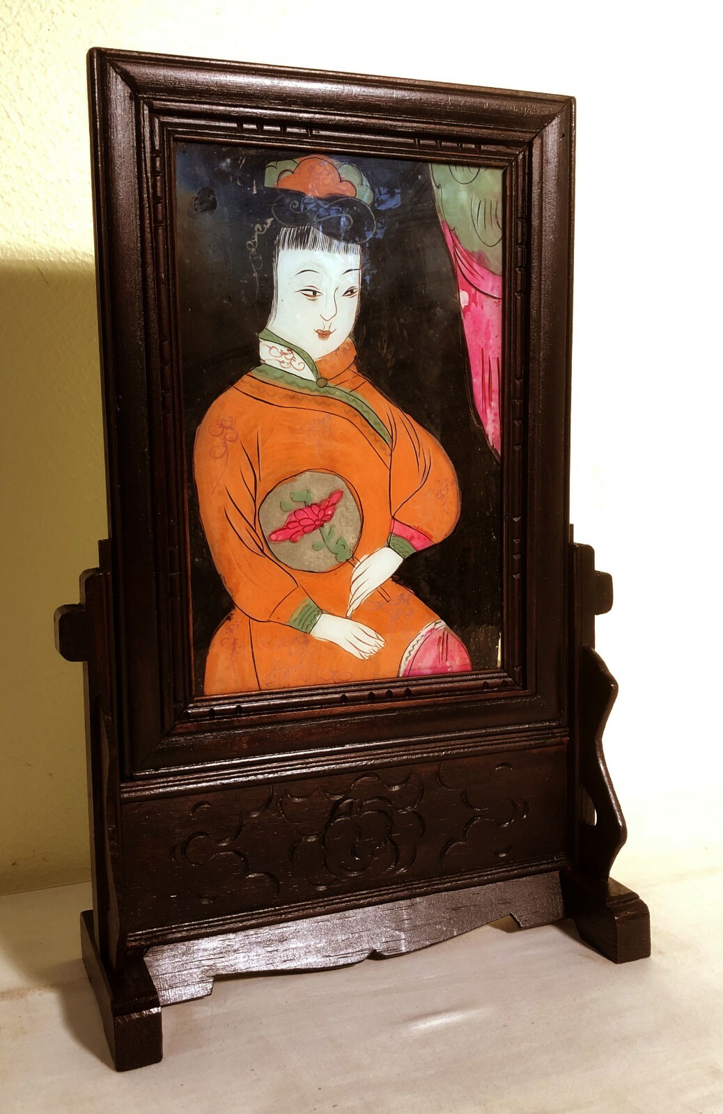 Antique Chinese Reverse Painting on Glass with Stand (2925), Circa mid 1800;